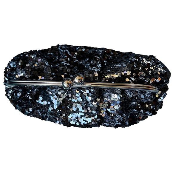 Mossimo Black Sequin Kiss Lock Clutch 13" W x 9" H Scrunchy Glitter Purse - Picture 2 of 12